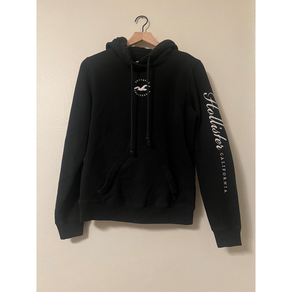 Hollister California Womens Graphic Hoodie Black Sleeve Logo Pullover Medium